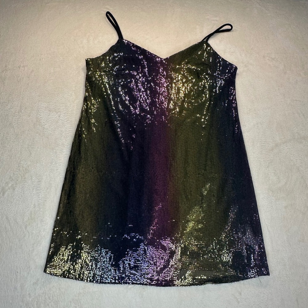 Wild Fable Iridescent Sequin Mini Dress Gold Purple Green V-Neck Size M